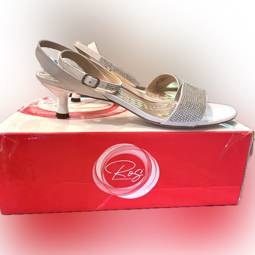 Ros Hommerson White Slingback Kitten Heels with Rhinestone Ankle Strap - NIB